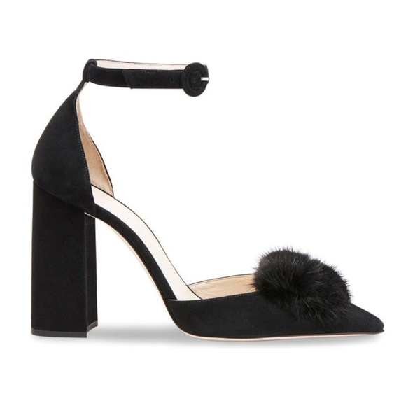 Frances Valentine Shoes - 👠NWOT👠 FRANCES VALENTINE Black Suede D'Orsay Pumps with Fur Poofs, Size 7